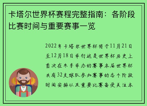 卡塔尔世界杯赛程完整指南：各阶段比赛时间与重要赛事一览